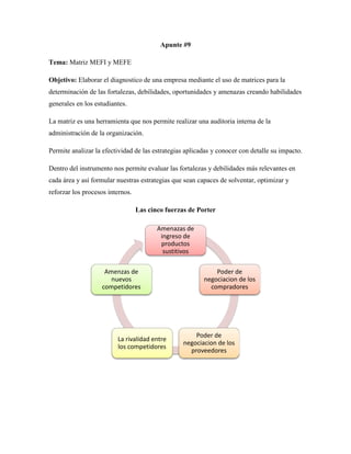 Apunte #9
Tema: Matriz MEFI y MEFE
Objetivo: Elaborar el diagnostico de una empresa mediante el uso de matrices para la
determinación de las fortalezas, debilidades, oportunidades y amenazas creando habilidades
generales en los estudiantes.
La matriz es una herramienta que nos permite realizar una auditoria interna de la
administración de la organización.
Permite analizar la efectividad de las estrategias aplicadas y conocer con detalle su impacto.
Dentro del instrumento nos permite evaluar las fortalezas y debilidades más relevantes en
cada área y así formular nuestras estrategias que sean capaces de solventar, optimizar y
reforzar los procesos internos.
Las cinco fuerzas de Porter
Amenazas de
ingreso de
productos
sustitivos
Poder de
negociacion de los
compradores
Poder de
negociacion de los
proveedores
La rivalidad entre
los competidores
Amenzas de
nuevos
competidores
 