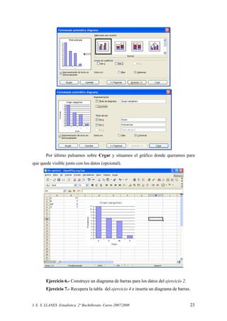 I. E. S. LLANES Estadística. 2º Bachillerato. Curso 2007/2008 23
Por último pulsamos sobre Crear y situamos el gráfico donde queramos para
que quede visible junto con los datos (opcional).
Ejercicio 6.- Construye un diagrama de barras para los datos del ejercicio 2.
Ejercicio 7.- Recupera la tabla del ejercicio 4 e inserta un diagrama de barras.
 