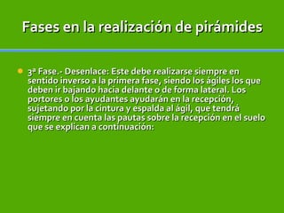 Fases en la realización de pirámides 3ª Fase.- Desenlace: Este debe realizarse siempre en sentido inverso a la primera fase, siendo los ágiles los que deben ir bajando hacia delante o de forma lateral. Los portores o los ayudantes ayudarán en la recepción, sujetando por la cintura y espalda al ágil, que tendrá siempre en cuenta las pautas sobre la recepción en el suelo que se explican a continuación: 