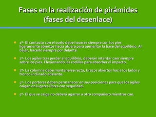Fases en la realización de pirámides (fases del desenlace) 1º- El contacto con el suelo debe hacerse siempre con los pies ligeramente abiertos hacia afuera para aumentar la base del equilibrio. Al bajar, hacerlo siempre por delante. 2º- Los ágiles tras perder el equilibrio, deberán intentar caer siempre sobre los pies. Flexionando las rodillas para absorber el impacto. 3º- La columna debe mantenerse recta, brazos abiertos hacia los lados y tronco inclinado adelante. 4º- Los portores deben permanecer en sus posiciones para que los ágiles caigan en lugares libres con seguridad. 5º- El que se caiga no deberá agarrar a otro compañero mientras cae. 