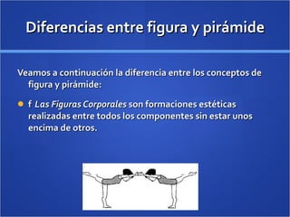 Diferencias entre figura y pirámide Veamos a continuación la diferencia entre los conceptos de figura y pirámide: 􀂾  Las Figuras Corporales  son formaciones estéticas realizadas entre todos los componentes sin estar unos encima de otros. 