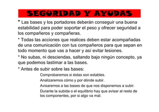 SEGURIDAD Y AYUDAS
* Las bases y los portadores deberán conseguir una buena
estabilidad para poder soportar el peso y ofrecer seguridad a
los compañeros y compañeras.
* Todas las acciones que realices deben estar acompañadas
de una comunicación con tus compañeros para que sepan en
todo momento que vas a hacer y así evitar lesiones.
* No subas, ni desciendas, saltando bajo ningún concepto, ya* No subas, ni desciendas, saltando bajo ningún concepto, ya
que podemos lastimar a las bases.
* Antes de subir sobre las bases:
Comprobaremos si éstas son estables.
Analizaremos cómo y por dónde subir.
Avisaremos a las bases de que nos disponemos a subir.
Durante la subida o el equilibrio hay que avisar al resto de
los componentes, por si algo va mal.
 