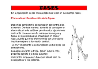 FASES
Primera fase: Construcción de la figura.
Debemos comenzar la construcción del centro a los
extremos. De esta manera, además de conseguir un
efecto visual más estético, permite a los ejecutantes
realizar la construcción de manera más segura y
En la realización de las figuras debemos tener en cuenta tres fases:
fluida. Si los extremos se ensamblan en primer
lugar, puede que nos encontremos con un espacio
insuficiente para la formación central.
Es muy importante la comunicación verbal entre los
compañeros.
Los ágiles durante la trepa, deben subir lo más
pegados posible a la base evitando
realizar los empujes en dirección lateral para no
desequilibrar a los portores.
 