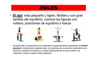 ROLES
• El ágil, más pequeño y ligero, flexible y con gran
sentido del equilibrio, culmina las figuras con
volteos, posiciones de equilibrio o fuerza
• Durante todo el desarrollo de la actividad es especialmente importante el control
postural, colocando la espalda recta, sin acentuar las curvaturas naturales de la
columna vertebral, teniendo en cuenta especialmente la zona lumbar. Es
necesario colocar la pelvis hacia adelante.
 
