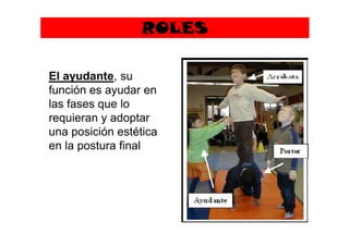ROLES
El ayudante, su
función es ayudar en
las fases que lo
requieran y adoptarrequieran y adoptar
una posición estética
en la postura final
 