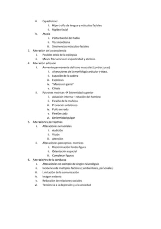 iii. Espasticidad
i. Hipertrofia de lengua y músculos faciales
ii. Rigidez facial
iv. Ataxia
i. Perturbación del habla
ii. Voz monótona
iii. Sinsinencias músculos-faciales
3. Alteración de la consciencia
i. Posibles crisis de la epilepsia
ii. Mayor frecuencia en espasticidad y atetosis
4. Alteración articular
i. Aumento permanente del tono muscular (contracturas)
i. Alteraciones de la morfología articular y ósea.
ii. Luxación de la cadera
iii. Escoliosis
iv. “Manos en garra”
v. Cifosis
ii. Patrones motrices  Extremidad superior
i. Aducción interna – rotación del hombro
ii. Flexión de la muñeca
iii. Pronación antebrazo
iv. Puño cerrado
v. Flexión codo
vi. Deformidad pulgar
5. Alteraciones perceptivas
i. Alteraciones sensoriales
i. Audición
ii. Visión
iii. Atención
ii. Alteraciones perceptivo- motrices
i. Discriminación fondo-figura
ii. Orientación espacial
iii. Completar figuras
6. Alteraciones de la conducta
i. Alteraciones no siempre de origen neurológico
ii. Incidencia de múltiples factores ( ambientales, personales)
iii. Limitación de la comunicación
iv. Imagen externa
v. Reducción de relaciones sociales
vi. Tendencia a la depresión y a la ansiedad
 