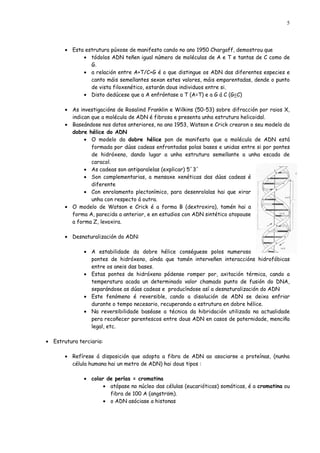 5




       • Esta estrutura púxose de manifesto cando no ano 1950 Chargaff, demostrou que
             • tódolos ADN teñen igual número de moléculas de A e T e tantas de C como de
                G.
             • a relación entre A+T/C+G é o que distingue os ADN das diferentes especies e
                canto máis semellantes sexan estes valores, máis emparentadas, dende o punto
                de vista filoxenético, estarán dous individuos entre si.
             • Disto dedúcese que a A enfróntase a T (A=T) e a G á C (G=C)

       • As investigacións de Rosalind Franklin e Wilkins (50-53) sobre difracción por raios X,
         indican que a molécula de ADN é fibrosa e presenta unha estrutura helicoidal.
       • Baseándose nos datos anteriores, no ano 1953, Watson e Crick crearon o seu modelo da
         dobre hélice do ADN
              • O modelo da dobre hélice pon de manifesto que a molécula de ADN está
                 formada por dúas cadeas enfrontadas polas bases e unidas entre si por pontes
                 de hidróxeno, dando lugar a unha estrutura semellante a unha escada de
                 caracol.
              • As cadeas son antiparalelas (explicar) 5´3´
              • Son complementarias, a mensaxe xenéticas das dúas cadeas é
                 diferente
              • Con enrolamento plectonímico, para desenrolalas hai que xirar
                 unha con respecto á outra.
       • O modelo de Watson e Crick é a forma B (dextroxira), tamén hai a
         forma A, parecida a anterior, e en estudios con ADN sintético atopouse
         a forma Z, levoxira.

       • Desnaturalización do ADN:

              • A estabilidade da dobre hélice conséguese polos numeroso
                pontes de hidróxeno, aínda que tamén interveñen interaccións hidrofóbicas
                entre os aneis das bases.
              • Estas pontes de hidróxeno pódense romper por, axitación térmica, cando a
                temperatura acada un determinado valor chamado punto de fusión do DNA,
                separándose as dúas cadeas e producíndose así a desnaturalización do ADN
              • Este fenómeno é reversible, cando a disolución de ADN se deixa enfriar
                durante o tempo necesario, recuperando a estrutura en dobre hélice.
              • Na reversibilidade baséase a técnica da hibridación utilizada na actualidade
                pera recoñecer parentescos entre dous ADN en casos de paternidade, menciña
                legal, etc.

• Estrutura terciaria:

       • Refírese á disposición que adopta a fibra de ADN ao asociarse a proteínas, (nunha
         célula humana hai un metro de ADN) hai dous tipos :

              • colar de perlas = cromatina
                     • atópase no núcleo das células (eucarióticas) somáticas, é a cromatina ou
                       fibra de 100 A (angström).
                     • o ADN asóciase a histonas
 