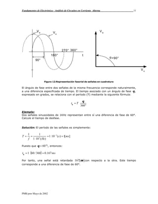 Fundamentos de Electrónica - Análisis de Circuitos en Corriente Alterna 11
PMR/pmr Mayo de 2002
VB
q=90°
VA
90°
180°
270° 360°
VB
VA
t
Figura 12:Representación fasorial de señales en cuadratura
El ángulo de fase entre dos señales de la misma frecuencia corresponde naturalmente,
a una diferencia especificada de tiempo. El tiempo asociado con un ángulo de fase θ,
expresado en grados, se relaciona con el período (T) mediante la siguiente fórmula:
°
⋅=
360
θ
θ Tt
Ejemplo:
Dos señales sinusoidales de 1KHz representan entre sí una diferencia de fase de 60°.
Calcule el tiempo de desfase.
Solución: El período de las señales es simplemente:
][1)(101
)(101
11 3
3
mss
Hzf
T =⋅=
⋅
== −
Puesto que !60°=θ , entonces:
( ) mst 167.0360/601 =⋅=θ
Por tanto, una señal está retardada ][167 sµ con respecto a la otra. Este tiempo
corresponde a una diferencia de fase de 60°.
 