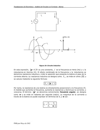 Fundamentos de Electrónica - Análisis de Circuitos en Corriente Alterna 15
PMR/pmr Mayo de 2002
I
L
V
L
t0
V(t), i(t)
t
0
V
L
IL
IL
f
L
V L
90°
Figura 16: Circuito Inductivo
En esta expresión, 28.62 =π es una constante, f es la frecuencia en Hertz (Hz) y L la
inductancia en Henrios (H). El efecto combinado de la frecuencia y la inductancia se
denomina reactancia inductiva y mide la oposición que presenta la bobina al paso de la
corriente alterna. La reactancia inductiva se designa como LX , se mide en ohms ][Ω y
se calcula mediante la siguiente fórmula:
LfXL ⋅⋅= π2
Por tanto, la reactancia de una bobina es directamente porporcional a la frecuencia (f).
A medida que aumenta la frecuencia, aumenta la reactancia y disminuye la corriente, y
viceversa. El término fπ2 se denomina comúnmente frecuencia angular, se designa
como ω y se mide en radianes por segundo (rad/s). La magnitud de la corriente a
través de la bobina se puede expresar en términos de XL y ω así:
L
V
X
V
I L
L
L
L
⋅
==
ω
 