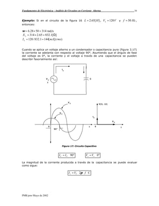 Fundamentos de Electrónica - Análisis de Circuitos en Corriente Alterna 16
PMR/pmr Mayo de 2002
Ejemplo: Si en el circuito de la figura 16 ][65.2 HL = , VVL 120= y Hzf 50= ,
entonces:
3145028.6 =×=ω rad/s
][1.83265.2314 Ω=×=LX
)(][1441.832/120 rmsmAIL ==
Cuando se aplica un voltaje alterno a un condensador o capacitancia pura (figura 3.17)
la corriente se adelanta con respecto al voltaje 90°. Asumiendo que el ángulo de fase
del voltaje es 0°, la corriente y el voltaje a través de una capacitancia se pueden
describir fasorialmente así:
I
C
V
C
t0
V(t), i(t)
t0
V C
V C
IC
f
C
V C
90°
Figura 17: Circuito Capacitivo
°∠= 90CC II °∠= 0cc VV
La magnitud de la corriente producida a través de la capacitancia se puede evaluar
como sigue:
CfVI Cc ⋅⋅⋅= π2
 