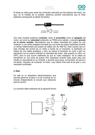 Arduino
Nivel Pardillo
El diodo se utiliza para evitar las corrientes inducidas por las bobinas del motor, así
que, en la medida de lo posible, debemos ponerlo (recordemos que la línea
plateada corresponde al cátodo del diodo).
Con este montaje podemos controlar, tanto el encendido como el apagado del
motor, así como su velocidad (utilizando un PWM como salida), y siempre girando
en el mismo sentido. Recordemos que la salida modulada por pulsos es una
imitación a una señal analógica formada por una serie de pulsos repartidos durante
un tiempo determinado (los pulsos de salida son de 488 Hz). Esto supone que en
este montaje del control de un motor a través de un transistor, si realmente se
tratara de una salida analógica, o bien se coloca al transistor en corte o bien en
saturación (no se podría controlar la velocidad del motor, sólo ponerlo en ON y en
OFF); pero lo que ocurre realmente es que el “valor analógico” de la salida se
transforma en una serie de pulsos (5V) repartidos durante cada pulso para que
resulte un equivalente en su Vmedia, y durante esos picos, el transistor se satura e
irá dando “impulsos de corriente” al motor, cuyo efecto final será el de girar a una
velocidad controlada.
2. Relé
Un relé es un dispositivo electromecánico que
permite gobernar el paso o no de corriente en un
circuito independiente al circuito que utilizamos
para el control.
La conexión debe realizarse de la siguiente forma:
DGG 20 de 30
 