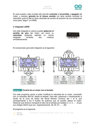 Arduino
Nivel Pardillo
En esta ocasión, este montaje sólo permite controlar el encendido y apagado del
motor, y siempre girando en el mismo sentido (no tiene sentido controlar la
velocidad, pues el relé no tiene velocidad de cambio de posición de sus contactores
como para “seguir” un PWM).
3. Integrado L293D
Con este integrado sí vamos a poder gobernar el
sentido de giro del motor, así como su
velocidad, pudiendo además un mismo
integrado controlar dos motores
simultáneamente.
El conexionado para este integrado es el siguiente:
Ejemplo 8. Control de un motor con el teclado
Con este programa vamos a poder modificar la velocidad de un motor, conectado
con un transistor BD135, desde el teclado. Para ello, podremos ir introduciendo a
través de la zona de textos del Serial Monitor números del 1 al 9, que
corresponderán a los 9 niveles de potencia que se pueden aplicar al motor.
Observar que Arduino manejará el valor de la entrada por teclado (1, 2, 3, … , 9) por
sus códigos ASCII (que son, respectivamente, 49, 50, 51, … , 58).
El programa es el siguiente:
int valor; //controlo la velocidad del motor por el teclado
int salida;
DGG 21 de 30
 