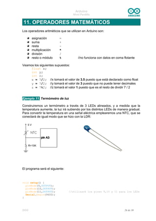 Arduino
Nivel Pardillo
11. OPERADORES MATEMÁTICOS
Los operadores aritméticos que se utilizan en Arduino son:
asignación =
suma +
resta -
multiplicación *
división /
resto o módulo % //no funciona con datos en coma flotante
Veamos los siguientes supuestos:
float x;
int y;
int z;
x = 7/2; //x tomará el valor de 3.5 puesto que está declarado como float
y = 7/2; //y tomará el valor de 3 puesto que no puede tener decimales
z = 7%2; //z tomará el valor 1 puesto que es el resto de dividir 7 / 2
Ejemplo 11. Termómetro de luz
Construiremos un termómetro a través de 3 LEDs alineados, y a medida que la
temperatura aumente, la luz irá subiendo por los distintos LEDs de manera gradual.
Para convertir la temperatura en una señal eléctrica emplearemos una NTC, que se
conectará de igual modo que se hizo con la LDR:
El programa será el siguiente:
void setup() {
pinMode(9,OUTPUT);
pinMode(10,OUTPUT);
pinMode(11,OUTPUT); //utilizaré los pines 9,10 y 11 para los LEDs
Serial.begin(9600);
}
DGG 26 de 30
 