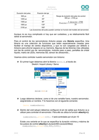 Arduino
Nivel Pardillo
Duración del pulso Posición del eje
Rango de duración del pulso de control:
900 μs – 2100 μs
Posición=
3·duración−2700
20
900 μs 0º
1200 μs 45º
1500 μs 90º
1800 μs 135º
2100 μs 180º
Las duraciones del pulso pueden cambiar en función del modelo del servomotor.
Aunque no es muy complicado sí hay que ser cuidadoso, y es relativamente fácil
dañar al servomotor.
Para el control de los servomotores Arduino posee una librería específica. Una
librería es una colección de funciones que están especialmente creadas para
facilitar el manejo de ciertos dispositivos, y que no son cargadas por defecto a
Arduino para ahorrar espacio en su memoria. Algunas de las librerías más utilizadas
son las de control uso de: servomotores, motores paso a paso, pantallas de cristal
líquido, matriz de LEDs, memorias SD, sensor de ultrasonido...
Veamos cómo controlar nuestro servomotor con Arduino:
En primer lugar debemos abrir la librería Servo.h, a través de:
Sketch / Import Library / Servo
Luego debemos declarar, como si de una variable fuera, nuestro servomotor,
asignándole un nombre. Y lo hacemos con el siguiente comando:
Servo nombreServo;
Dentro del void setup() debemos configurar el pin de salida que Arduino va a
utilizar para controlar el servomotor. Para ello se utiliza la función attach(pin):
nombreServo.attach(10); // será controlado por el pin 10
Existe una variante en la que se especifica la duración mínima y máxima de
los pulsos de control attach(pin,duraciónMín,duraciónMáx):
nombreServo.attach(10,900,2100);
DGG 29 de 30
 
