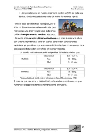 C.F.G.S. Animación de Actividades Físicas y Deportivas I.E.S. Seritium
Asignatura: ATLETISMO Jerez de la Frontera
Elaborado por: Yolanda Alcobas y Alejandro Jiménez.
15
Aproximadamente en nuestro organismo existen un 50% de cada una
de ellas. En los velocistas suele haber un mayor % de fibras Tipo II.
- Poseer estas características fisiológicas, por sí
solas no determinan ser un buen velocista, pero
representan una gran ventaja sobre todo si van
unidas al temperamento nervioso adecuado.
- Respecto a las características biotipológicas, el peso, la edad y la altura
son factores importantes a tener en cuenta, pero no son condicionantes
exclusivos, ya que atletas que aparentemente tiene biotipos no apropiados para
esta especialidad pueden convertirse en buenos velocistas.
Un estudio realizado acerca del biotipo ideal del velocista indica que:
Estatura ideal 1,65 – 1,69 m.
Peso 56 – 59 kg.MUJERES
Edad 21 – 23 años
Estatura ideal 1,78 – 1,80 m.
Peso 75 – 80 kg.HOMBRES
Edad 22 – 24 años
*datos extraídos de los 50 mejores atletas de los tres JJOO anteriores a 1992.
A pesar de que este sería el biotipo ideal, en la práctica encontramos un gran
número de excepciones tanto en hombres como en mujeres.
 