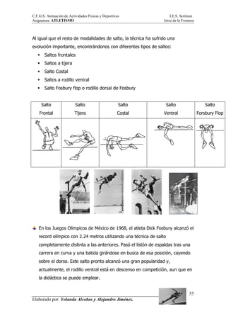 C.F.G.S. Animación de Actividades Físicas y Deportivas I.E.S. Seritium
Asignatura: ATLETISMO Jerez de la Frontera
Elaborado por: Yolanda Alcobas y Alejandro Jiménez.
53
Al igual que el resto de modalidades de salto, la técnica ha sufrido una
evolución importante, encontrándonos con diferentes tipos de saltos:
Saltos frontales
Saltos a tijera
Salto Costal
Saltos a rodillo ventral
Salto Fosbury flop o rodillo dorsal de Fosbury
Salto
Frontal
Salto
Tijera
Salto
Costal
Salto
Ventral
Salto
Forsbury Flop
En los Juegos Olimpicos de México de 1968, el atleta Dick Fosbury alcanzó el
record olímpico con 2.24 metros utilizando una técnica de salto
completamente distinta a las anteriores. Pasó el listón de espaldas tras una
carrera en curva y una batida girándose en busca de esa posición, cayendo
sobre el dorso. Este salto pronto alcanzó una gran popularidad y,
actualmente, el rodillo ventral está en descenso en competición, aun que en
la didáctica se puede emplear.
 