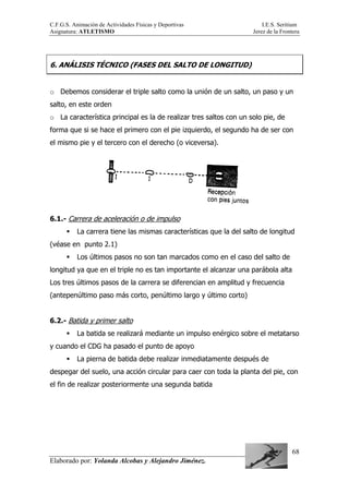 C.F.G.S. Animación de Actividades Físicas y Deportivas I.E.S. Seritium
Asignatura: ATLETISMO Jerez de la Frontera
Elaborado por: Yolanda Alcobas y Alejandro Jiménez.
68
6. ANÁLISIS TÉCNICO (FASES DEL SALTO DE LONGITUD)
o Debemos considerar el triple salto como la unión de un salto, un paso y un
salto, en este orden
o La característica principal es la de realizar tres saltos con un solo pie, de
forma que si se hace el primero con el pie izquierdo, el segundo ha de ser con
el mismo pie y el tercero con el derecho (o viceversa).
6.1.- Carrera de aceleración o de impulso
La carrera tiene las mismas características que la del salto de longitud
(véase en punto 2.1)
Los últimos pasos no son tan marcados como en el caso del salto de
longitud ya que en el triple no es tan importante el alcanzar una parábola alta
Los tres últimos pasos de la carrera se diferencian en amplitud y frecuencia
(antepenúltimo paso más corto, penúltimo largo y último corto)
6.2.- Batida y primer salto
La batida se realizará mediante un impulso enérgico sobre el metatarso
y cuando el CDG ha pasado el punto de apoyo
La pierna de batida debe realizar inmediatamente después de
despegar del suelo, una acción circular para caer con toda la planta del pie, con
el fin de realizar posteriormente una segunda batida
 