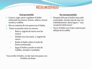 Está permitido
 Lanzar, coger, parar o golpear el balón
utilizando las manos, brazos, cabeza, tronco
muslos y rodillas
 Dar un máximo de tres pasos con el balón.
 Tanto en parada como en carrera:
• Botar y cogerlo de nuevo con las
manos
• Driblar con una mano y cogerlo de
nuevo
• Rodar el balón sobre el suelo de
forma continuada.
• Jugar el balón cuando se está de
rodillas, sentado o tumbado.
*tras recibir el balón, no dar más tres pasos con
el balón sin botar
No está permitido
 Después del que el balón haya sido
controlado, tocarlo más de una vez
indebidamente, daría lugar a “ una
recepción defectuosa”.
 Tocar el balón con el pie o pierna por
debajo de la rodilla.
RESUMIENDO
 