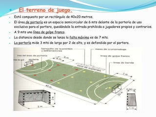  El terreno de juego.
 Está compuesto por un rectángulo de 40x20 metros.
 El área de portería es un espacio semicircular de 6 mts delante de la portería de uso
exclusivo para el portero, quedándole la entrada prohibida a jugadores propios y contrarios.
 A 9 mts una línea de golpe franco.
 La distancia desde donde se lanza la falta máxima es de 7 mts.
 La portería mide 3 mts de largo por 2 de alto, y es defendida por el portero.
 