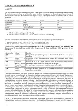 44
TEM 8-METABOLISMO INTERMEDIARIO II
1.LÍPIDOS
Ente estos compuestos destacan los triacilglicéridos como fuente y reservorio de energía. Aunque los carbohidratos son
el combustible principal de las células, las grasas también desempeñan un destacado papel como fuente de
almacenamiento de energía. El valor calórico es muy elevado y se duplica prácticamente el valor calórico de los hidratos
de carbono.
Combustible almacenado Tejido Gramos Kilocalorías
Glucógeno Hígado 70 280
Glucógeno Músculo 120 480
Glucosa Fluidos Corporales 20 80
Grasa Adiposo muscular 15.000 135.000
Proteína Muscular 6.000 24.000
• El valor calórico de las grasas de 9 Kcal/g
• El valor calórico de las proteínas y de los hidratos de carbono es de 4 Kcal/g
Este tema se va a centran principalmente el metabolismo de los triacilglicéridos y de los ácidos grasos.
1.1. LIPOPROTEÍNAS TRANSPORTADORAS DE ÁCIDOS GRASOS
Existen distintos tipos de lipoproteínas: quilomicrones (QM), VLDL (lipoproteínas de muy baja densidad), IDL
(lipoproteínas de densidad intermedia), LDL (lipoproteínas de baja densidad) y HDL (proteínas de alta
densidad).
Lipoproteína Origen Función
QM Intestino Transportan la grasa (TG exógenos) del alimento desde el intestino a los tejidos
periféricos.
VDL Hígado e
intestino
Transportan los TG sintetizados en el hígado (TG endógenos) a los tejidos
periféricos.
IDL Circulación
(VLDL) e hígado
Proceden de las VLDL. Tras la hidrolisis de los TG endógenos en los capilares
son captados por el hígado. Son precursores de las LDL.
LDL Circulación
(VLDL) e hígado
Son la principal forma de transporte del colesterol a los tejidos
HDL Hígado e
intestino
Elimina el exceso de colesterol de los tejidos y lo devuelven al hígado para su
metabolismo o excreción.
Las grasas ingeridas en la dieta pasan al intestino delgado. Ahí las sales biliares emulsionan las grasas de la diera,
formando micelas mixtas. Después las lipasas intestinales degradan los triacilgliceroles de la dieta (TG exógenos) a
glicerol y ácidos grasos. Los ácidos grasos y demás productos de la degradación son absorbidos por la mucosa intestinal
y convertidos en triacilglicéridos. En el intestino se forma gran cantidad de quilomicrones, lipoproteínas la as cuales los
triacilglicéridos se incorporan, junco con colesterol y apolipoproteínas. Los quilomicrones se vierten a la linfa, que las
transporta hasta la sangre, sin pasar por la circulación enterohepática, de tal forma que llegan primero a los tejidos
periféricos. En estos tejidos la enzima lipoproteína lipasa plasmática ataca los triacilglicéridos , hidrolizándolos en
glicerol y ácidos grasos, que son asimilados por las células tisulares, principalmente adipocitos y miocitos. El glicerol y
los ácidos grasos entran por difusión simple a las células de los tejidos periféricos y son utilizados para formar
triacilglicéridos y almacenar así grandes cantidades de energía cuando sea necesaria. De esta forma se produce el
transporte de los triacilglicéridos de la dieta (TG exógenos) hasta los tejidos. Los restos de los quilomicrones que quedan
tras la actuación de la lipoproteína lipasa plasmática se conocen como quilomicrones remanentes, pobres en
triacilglicéridos , pero no en fosfolípidos y apoproteínas. Estos restos son retirados por el hígado, suministrándose así
fosfolípidos, colesterol, ácidos graso y aminoácidos al tejido hepático.
Con las VLDL ocurre un proceso similar, aunque estas lipoproteínas suelen ser de origen hepático y transportan los
triacilglicéridos propios del organismo, sintetizados a nivel hepático (TG endógenos), hacia el músculo e hígado. La
 