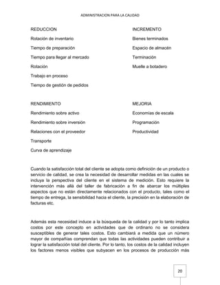 ADMINISTRACION PARA LA CALIDAD


REDUCCION                                                INCREMENTO

Rotación de inventario                                   Bienes terminados

Tiempo de preparación                                    Espacio de almacén

Tiempo para llegar al mercado                            Terminación

Rotación                                                 Muelle a botadero

Trabajo en proceso

Tiempo de gestión de pedidos



RENDIMIENTO                                              MEJORIA

Rendimiento sobre activo                                 Economías de escala

Rendimiento sobre inversión                              Programación

Relaciones con el proveedor                              Productividad

Transporte

Curva de aprendizaje



Cuando la satisfacción total del cliente se adopta como definición de un producto o
servicio de calidad, se crea la necesidad de desarrollar medidas en las cuales se
incluya la perspectiva del cliente en el sistema de medición. Esto requiere la
intervención más allá del taller de fabricación a fin de abarcar los múltiples
aspectos que no están directamente relacionados con el producto, tales como el
tiempo de entrega, la sensibilidad hacia el cliente, la precisión en la elaboración de
facturas etc.



Además esta necesidad induce a la búsqueda de la calidad y por lo tanto implica
costos por este concepto en actividades que de ordinario no se considera
susceptibles de generar tales costos. Esto cambiará a medida que un número
mayor de compañías comprendan que todas las actividades pueden contribuir a
lograr la satisfacción total del cliente. Por lo tanto, los costos de la calidad incluyen
los factores menos visibles que subyacen en los procesos de producción más



                                                                                  20
 