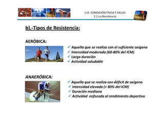 U.D. CONDICIÓN FÍSICA Y SALUD
                                    2.1-La Resistencia


b).-Tipos de Resistencia:

AERÓBICA:
                     Aquella que se realiza con el suficiente oxígeno
                     Intensidad moderada (60-80% del ICM)
                     Larga duración
                     Actividad saludable



ANAERÓBICA:
                     Aquella que se realiza con déficit de oxígeno
                     Intensidad elevada (+ 80% del ICM)
                     Duración mediana
                     Actividad enfocada al rendimiento deportivo
 