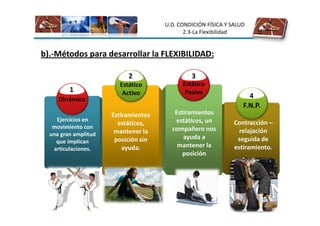U.D. CONDICIÓN FÍSICA Y SALUD
                                             2.3-La Flexibilidad


b).-Métodos para desarrollar la FLEXIBILIDAD:

                           2                   3
                        Estático            Estático
         1               Activo              Pasivo
     Dinámico                                                       4
                                                                  F.N.P.
                      Estiramientos      Estiramientos
    Ejercicios en                        estáticos, un
                        estáticos,                             Contracción –
   movimiento con                       compañero nos
  una gran amplitud    mantener la                               relajación
                       posición sin         ayuda a             seguida de
    que implican
   articulaciones.        ayuda.          mantener la          estiramiento.
                                            posición
 