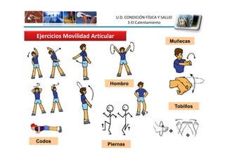 U.D. CONDICIÓN FÍSICA Y SALUD
                                       3-El Calentamiento


Ejercicios Movilidad Articular
                                                            Muñecas




                            Hombro



                                                                 Tobillos




Codos
                           Piernas
 