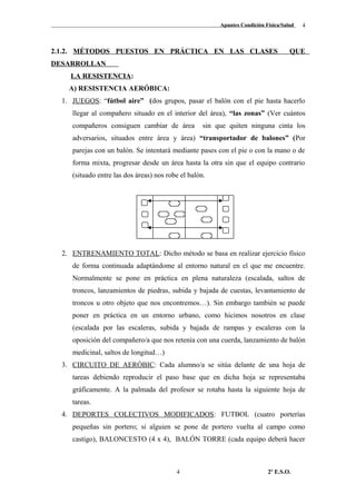 Apuntes Condición Física/Salud
2.1.2. MÉTODOS PUESTOS EN PRÁCTICA EN LAS CLASES QUE
DESARROLLAN
LA RESISTENCIA:
A) RESISTENCIA AERÓBICA:
1. JUEGOS: “fútbol aire” (dos grupos, pasar el balón con el pie hasta hacerlo
llegar al compañero situado en el interior del área), “las zonas” (Ver cuántos
compañeros consiguen cambiar de área sin que quiten ninguna cinta los
adversarios, situados entre área y área) “transportador de balones” (Por
parejas con un balón. Se intentará mediante pases con el pie o con la mano o de
forma mixta, progresar desde un área hasta la otra sin que el equipo contrario
(situado entre las dos áreas) nos robe el balón.
2. ENTRENAMIENTO TOTAL: Dicho método se basa en realizar ejercicio físico
de forma continuada adaptándome al entorno natural en el que me encuentre.
Normalmente se pone en práctica en plena naturaleza (escalada, saltos de
troncos, lanzamientos de piedras, subida y bajada de cuestas, levantamiento de
troncos u otro objeto que nos encontremos…). Sin embargo también se puede
poner en práctica en un entorno urbano, como hicimos nosotros en clase
(escalada por las escaleras, subida y bajada de rampas y escaleras con la
oposición del compañero/a que nos retenía con una cuerda, lanzamiento de balón
medicinal, saltos de longitud…)
3. CIRCUITO DE AERÓBIC: Cada alumno/a se sitúa delante de una hoja de
tareas debiendo reproducir el paso base que en dicha hoja se representaba
gráficamente. A la palmada del profesor se rotaba hasta la siguiente hoja de
tareas.
4. DEPORTES COLECTIVOS MODIFICADOS: FUTBOL (cuatro porterías
pequeñas sin portero; si alguien se pone de portero vuelta al campo como
castigo), BALONCESTO (4 x 4), BALÓN TORRE (cada equipo deberá hacer
2º E.S.O.4
4
 