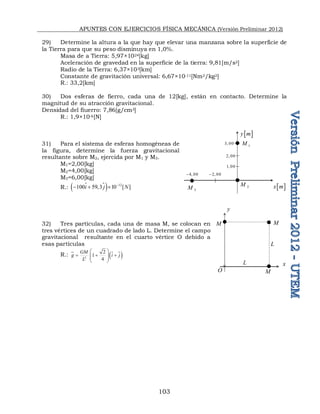 APUNTES CON EJERCICIOS FÍSICA MECÁNICA (Versión Preliminar 2012)
103
29) Determine la altura a la que hay que elevar una manzana sobre la superficie de
la Tierra para que su peso disminuya en 1,0%.
Masa de a Tierra: 5,97×1024[kg]
Aceleración de gravedad en la superficie de la tierra: 9,81[m/s2]
Radio de la Tierra: 6,37×103[km]
Constante de gravitación universal: 6,67×10-11[Nm2/kg2]
R.: 33,2[km]
30) Dos esferas de fierro, cada una de 12[kg], están en contacto. Determine la
magnitud de su atracción gravitacional.
Densidad del fiuerro: 7,86[g/cm3]
R.: 1,9×10-6[N]
31) Para el sistema de esferas homogéneas de
la figura, determine la fuerza gravitacional
resultante sobre M2, ejercida por M1 y M3.
M1=2,00[kg]
M2=4,00[kg]
M3=6,00[kg]
R.: 
  12
100 59 3 10 [ ]
i j N

   

32) Tres partículas, cada una de masa M, se colocan en
tres vértices de un cuadrado de lado L. Determine el campo
gravitacional resultante en el cuarto vértice O debido a
esas partículas
R.: 
 
2
2
1
4
GM
g i j
L
 
  
 
 
 



4 00
 
1
M
 
x m
 
y m
2
M
3
M
2 00
 
1 00

2 00

3 00

x
y
M

M
M
O
L
L
 