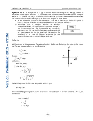 Gutiérrez, B., Miranda, E., (Versión Preliminar 2012)
208
Ejemplo 10.6 Un bloque de 100 [g] se coloca sobre un bloque de 200 [g], como se
muestra en la figura adjunta. El coeficiente de fricción estática entre los dos bloques
es 0,20. El bloque de abajo se mueve hacia delante y hacia atrás horizontalmente en
un movimiento armónico simple que tiene una amplitud de 6,0 cm .
a) Si se mantiene la amplitud constante, cuál es la frecuencia más alta para la
cual el bloque superior no deslizará respecto del bloque inferior?
b) Suponga que el bloque inferior se mueve
verticalmente en un movimiento armónico simple y
no horizontalmente. La frecuencia se mantiene
constante en 2,0 oscilación/s mientras la amplitud
se incrementa en forma gradual. Determine la
amplitud a la cual el bloque superior ya no
mantendrá contacto con el bloque inferior.
Solución
a) Conforme al diagrama de fuerzas adjunto y dado que la fuerza de roce actúa como
un fuerza recuperadora, se puede anotar
r
f ma
 
2
r
f m A
w
  
Como
r S
f N mg

 
entonces
2
S
m A mg
w 

2
(2 ) S
f A g
p 

1
2
S g
f
A

p

2
1 0,20 9,8
2 6 10
f
p 



b) Del diagrama de fuerzas, se puede anotar que
N mg ma
 
Cuando el bloque superior ya no mantiene contacto con el bloque inferior, N = 0, de
modo que
2
mg m A
w
 
2
g
A
w

 
0,30
A m

100 [g]
200[g]
N
Mg
fr x
y
 