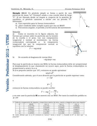 Gutiérrez, B., Miranda, E., (Versión Preliminar 2012)
216
Ejemplo 10.11 Un péndulo simple se forma a partir de una
partícula de masa “m” (“lenteja”) atada a una cuerda ideal de largo
“L”. Al ser liberado desde un ángulo , respecto de la posición de
equilibrio, el péndulo comienza a oscilar con un periodo “T”.
Determine:
a) Una expresión para la fuerza restauradora
b) ¿Qué condición debe cumplir  para que sea un MAS?
c) Frecuencia angular, el período y la frecuencia del movimiento
Solución
a) Como se muestra en la figura adjunta, las
fuerzas que actúan sobre la partícula son la tensión
de la cuerda y el peso, con sus componentes
tangencial y normal al movimiento. La fuerza
restauradora corresponde a la componente
tangencial (ya que la componente normal se
equilibra con la tensión)
sen
F mg 
 
b) De acuerdo al diagrama de cuerpo libre
sen
mg ma

 
Para que la partícula se mueva con MAS, la fuerza restauradora debe ser proporcional
al desplazamiento lo que claramente no ocurre aquí, pues la fuerza restauradora es
proporcional a sen y no a .
Si  es pequeño (menor que 10°), entonces se puede aproximar
 
1
sen 

Considerando además, que el arco descrito por la partícula se puede expresar como
x L

o
x
L
 
entonces la fuerza restauradora se puede escribir
x mg
F mg x
L L
   
y en este caso la partícula SI se moverá con un MAS. Por tanto la condición pedida es:
10
  
[1] Tabla de comparación de ángulos y respectivos valores de seno, coseno y tangente para esos ángulos
° [rad] sen  tan  cos 
1 0.01745 0.01745 0.01746 0.99984
2 0.03491 0.03490 0.03492 0.99939
5 0.08727 0.08716 0.08749 0.99617
10 0.17453 0.17365 0.17633 0.98481
12 0.20944 0.20791 0.21256 0.97815
Se suele afirmar que si  ≤1 entonces  ≈sen  ≈ tan  y cos ≈ 1. Cuando  ≤1 se dice que “ es
pequeño”
m

L
T
m

mg

sen
mg 
cos
mg 
 