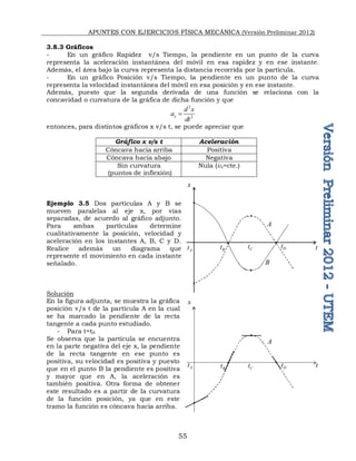 APUNTES CON EJERCICIOS FÍSICA MECÁNICA (Versión Preliminar 2012)
55
3.8.3 Gráficos
- En un gráfico Rapidez v/s Tiempo, la pendiente en un punto de la curva
representa la aceleración instantánea del móvil en esa rapidez y en ese instante.
Además, el área bajo la curva representa la distancia recorrida por la partícula.
- En un gráfico Posición v/s Tiempo, la pendiente en un punto de la curva
representa la velocidad instantánea del móvil en esa posición y en ese instante.
Además, puesto que la segunda derivada de una función se relaciona con la
concavidad o curvatura de la gráfica de dicha función y que
2
2
x
d x
a
dt

entonces, para distintos gráficos x v/s t, se puede apreciar que
Gráfico x v/s t Aceleración
Cóncava hacia arriba Positiva
Cóncava hacia abajo Negativa
Sin curvatura
(puntos de inflexión)
Nula (vx=cte.)
Ejemplo 3.5 Dos partículas A y B se
mueven paralelas al eje x, por vías
separadas, de acuerdo al gráfico adjunto.
Para ambas partículas determine
cualitativamente la posición, velocidad y
aceleración en los instantes A, B, C y D.
Realice además un diagrama que
represente el movimiento en cada instante
señalado.
Solución
En la figura adjunta, se muestra la gráfica
posición v/s t de la partícula A en la cual
se ha marcado la pendiente de la recta
tangente a cada punto estudiado.
- Para t=tA
Se observa que la partícula se encuentra
en la parte negativa del eje x, la pendiente
de la recta tangente en ese punto es
positiva, su velocidad es positiva y puesto
que en el punto B la pendiente es positiva
y mayor que en A, la aceleración es
también positiva. Otra forma de obtener
este resultado es a partir de la curvatura
de la función posición, ya que en este
tramo la función es cóncava hacia arriba.
t
x
A
t B
t D
t
C
tC
t
A
B
t
x
A
t B
t D
t
A
C
t
 