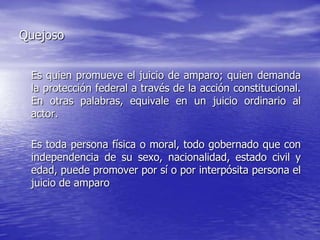 Quejoso


 Es quien promueve el juicio de amparo; quien demanda
 la protección federal a través de la acción constitucional.
 En otras palabras, equivale en un juicio ordinario al
 actor.

 Es toda persona física o moral, todo gobernado que con
 independencia de su sexo, nacionalidad, estado civil y
 edad, puede promover por sí o por interpósita persona el
 juicio de amparo
 