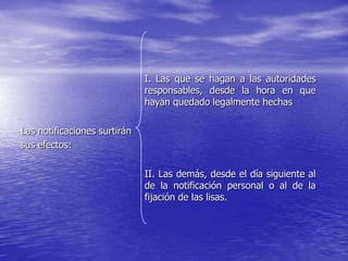 I. Las que se hagan a las autoridades
                              responsables, desde la hora en que
                              hayan quedado legalmente hechas

Las notificaciones surtirán
sus efectos:

                              II. Las demás, desde el día siguiente al
                              de la notificación personal o al de la
                              fijación de las lisas.
 