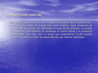LA INSPECCIÓN JUDICIAL

  Esta prueba debe ofrecerse con la misma anticipación que la testimonial y
  la pericial. Este medio de prueba tiene como finalidad dejar constancia de
  todo aquello que pueda ser apreciado a través de los sentidos. La prueba
  de inspección generalmente se desahoga en fecha previa a la audiencia
  constitucional, para que ésta no tenga que suspenderse. A ella pueden
  concurrir las partes y hacer las observaciones que estimen oportunas.
 