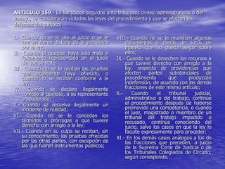 ARTICULO 159.- En los juicios seguidos ante tribunales civiles, administrativos o del
trabajo, se considerarán violadas las leyes del procedimiento y que se afectan las
defensas del quejoso:

I.- Cuando no se le cite al juicio o se le    VIII.- Cuando no se le muestren algunos
     cite en forma distinta de la prevenida       documentos o piezas de autos de
     por la ley;                                  manera que no pueda alegar sobre
II.- Cuando el quejoso haya sido mala o           ellos;
     falsamente representado en el juicio     IX.- Cuando se le desechen los recursos a
     de que se trate;                             que tuviere derecho con arreglo a la
III.- Cuando no se le reciban las pruebas         ley, respecto de providencias que
     que legalmente haya ofrecido, o              afecten partes substanciales de
     cuando no se reciban conforme a la           procedimiento        que      produzcan
     ley;                                         indefensión, de acuerdo con las demás
IV.- Cuando se declare ilegalmente                fracciones de este mismo artículo;
     confeso al quejoso, a su representante   X.-     Cuando      el   tribunal    judicial,
     o apoderado;                                 administrativo o del trabajo, continúe
V.- Cuando se resuelva ilegalmente un             el procedimiento después de haberse
     incidente de nulidad;                        promovido una competencia, o cuando
                                                  el juez, magistrado o miembro de un
VI.- Cuando no se le concedan los                 tribunal del trabajo impedido o
     términos o prórrogas a que tuviere           recusado, continúe conociendo del
     derecho con arreglo a la ley;                juicio, salvo los casos en que la ley lo
VII.- Cuando sin su culpa se reciban, sin         faculte expresamente para proceder;
     su conocimiento, las pruebas ofrecidas   XI.- En los demás casos análogos a los de
     por las otras partes, con excepción de       las fracciones que preceden, a juicio
     las que fueren instrumentos públicos;        de la Suprema Corte de Justicia o de
                                                  los Tribunales Colegiados de Circuito,
                                                  según corresponda.
 