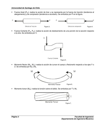 Universidad de Santiago de Chile
Página 3 Facultad de Ingeniería
Departamento de Ingeniería Mecánica
 Fuerza Axial (Pxx): realiza la acción de tirar y se representa por la fuerza de tracción (tendencia al
alargamiento) y de compresión (tendencia a acortarlo). Se simboliza por P en la figura.
 Fuerza Cortante (Pxy, Pxz): realiza la acción de deslizamiento de una porción de la sección respecto
a la otra. Se simboliza por V.
 Momento flector (Mxy, Mxz): realiza la acción de curvar el cuerpo o flexionarlo respecto a los ejes Y o
Z. Se simboliza por My o Mz.
 Momento torsor (Mxx): realiza la torsión sobre el sólido. Se simboliza por T o Mt.
Figura 3. Figura 4.
Figura 5.
Figura 6.
Figura 7.
 