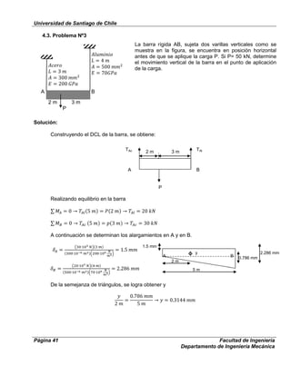 Universidad de Santiago de Chile
Página 41 Facultad de Ingeniería
Departamento de Ingeniería Mecánica
4.3. Problema Nº3
La barra rígida AB, sujeta dos varillas verticales como se
muestra en la figura, se encuentra en posición horizontal
antes de que se aplique la carga P. Si P= 50 kN, determine
el movimiento vertical de la barra en el punto de aplicación
de la carga.
Solución:
Construyendo el DCL de la barra, se obtiene:
Realizando equilibrio en la barra
A continuación se determinan los alargamientos en A y en B.
De la semejanza de triángulos, se logra obtener y
TAc TAl
A B
P
2 m 3 m
1.5 mm
2.286 mm
0.786 mm
2 m
5 m
A B
y
BA
2 m 3 m
P
 