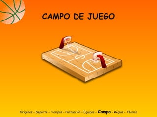 Orígenes - Deporte – Tiempos – Puntuación – Equipos – Campo – Reglas – Técnica
CAMPO DE JUEGO
 