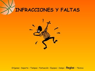 Orígenes - Deporte – Tiempos – Puntuación – Equipos – Campo – Reglas – Técnica
INFRACCIONES Y FALTAS
 