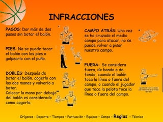 Orígenes - Deporte – Tiempos – Puntuación – Equipos – Campo – Reglas – Técnica
INFRACCIONES
PASOS: Dar más de dos
pasos sin botar el balón.
PIES: No se puede tocar
el balón con los pies o
golpearlo con el puño.
DOBLES: Después de
botar el balón, cogerlo con
las dos manos y volverlo a
botar.
Colocar la mano por debajo
del balón es considerado
como cogerlo.
CAMPO ATRÁS: Una vez
se ha cruzado el medio
campo para atacar, no se
puede volver a pisar
nuestro campo.
FUERA: Se considera
fuera, de banda o de
fondo, cuando el balón
toca la línea o fuera del
campo, o cuando el jugador
que toca la pelota toca la
línea o fuera del campo.
 