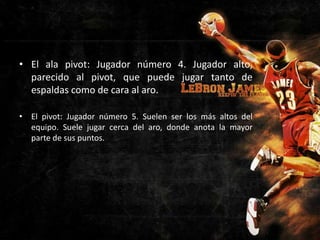 • El ala pivot: Jugador número 4. Jugador alto,
parecido al pivot, que puede jugar tanto de
espaldas como de cara al aro.
• El pivot: Jugador número 5. Suelen ser los más altos del
equipo. Suele jugar cerca del aro, donde anota la mayor
parte de sus puntos.

 