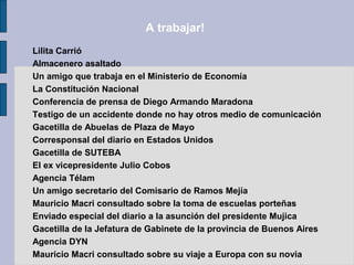 Lilita Carrió
Almacenero asaltado
Un amigo que trabaja en el Ministerio de Economía
La Constitución Nacional
Conferencia de prensa de Diego Armando Maradona
Testigo de un accidente donde no hay otros medio de comunicación
Gacetilla de Abuelas de Plaza de Mayo
Corresponsal del diario en Estados Unidos
Gacetilla de SUTEBA
El ex vicepresidente Julio Cobos
Agencia Télam
Un amigo secretario del Comisario de Ramos Mejía
Mauricio Macri consultado sobre la toma de escuelas porteñas
Enviado especial del diario a la asunción del presidente Mujica
Gacetilla de la Jefatura de Gabinete de la provincia de Buenos Aires
Agencia DYN
Mauricio Macri consultado sobre su viaje a Europa con su novia
A trabajar!
 