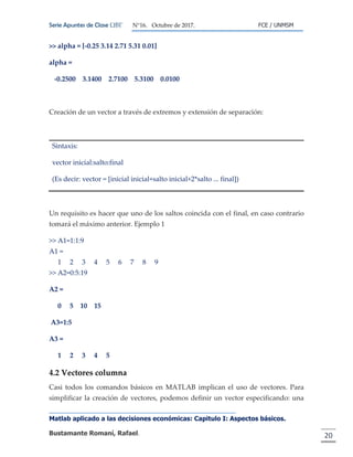 Serie Apuntes de Clase ΩΒΓ N°16. Octubre de 2017. FCE / UNMSM
Matlab aplicado a las decisiones económicas: Capitulo I: Aspectos básicos.
Bustamante Romaní, Rafael. 20
>> alpha = [-0.25 3.14 2.71 5.31 0.01]
alpha =
-0.2500 3.1400 2.7100 5.3100 0.0100
Creación de un vector a través de extremos y extensión de separación:
Sintaxis:
vector inicial:salto:final
(Es decir: vector = [inicial inicial+salto inicial+2*salto ... final])
Un requisito es hacer que uno de los saltos coincida con el final, en caso contrario
tomará el máximo anterior. Ejemplo 1
>> A1=1:1:9
A1 =
1 2 3 4 5 6 7 8 9
>> A2=0:5:19
A2 =
0 5 10 15
A3=1:5
A3 =
1 2 3 4 5
4.2 Vectores columna
Casi todos los comandos básicos en MATLAB implican el uso de vectores. Para
simplificar la creación de vectores, podemos definir un vector especificando: una
 