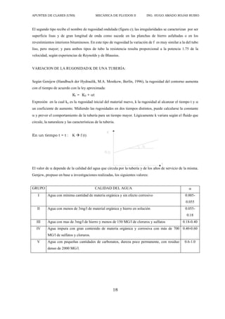 APUNTES DE CLASES (UNS) MECANICA DE FLUIDOS II ING. HUGO AMADO ROJAS RUBIO
18
El segundo tipo recibe el nombre de rugosidad ondulada (figura c); las irregularidades se caracterizan por ser
superficie lisas y de gran longitud de onda como sucede en las planchas de hierro asfaltadas o en los
revestimientos interiores bituminosos. En este tipo de rugosidad la variación de f es muy similar a la del tubo
liso, pero mayor; y para ambos tipos de tubo la resistencia resulta proporcional a la potencia 1.75 de la
velocidad, según experiencias de Reynolds y de Blausius.
VARIACION DE LA RUGOSIDAD K DE UNA TUBERÍA:
Según Genijew (Handbuch der Hydraulik, M.A. Mostkow, Berlín, 1996), la rugosidad del contorno aumenta
con el tiempo de acuerdo con la ley aproximada:
Kt = K0 + t
Expresión en la cual ko es la rugosidad inicial del material nuevo, k la rugosidad al alcanzar el tiempo t y 
un coeficiente de aumento. Midiendo las rugosidades en dos tiempos distintos, puede calcularse la constante
 y prever el comportamiento de la tubería para un tiempo mayor. Lógicamente k variara según el fluido que
circule, la naturaleza y las características de la tubería.
En un tiempo t = t : K  f (t)
El valor de  depende de la calidad del agua que circula por la tubería y de los años de servicio de la misma.
Genjew, propuso en base a investigaciones realizadas, los siguientes valores:
GRUPO CALIDAD DEL AGUA 
I Agua con mínima cantidad de materia orgánica y sin efecto corrosivo 0.005-
0.055
II Agua con menos de 3mg/l de material orgánica y hierro en solución 0.055-
0.18
III Agua con mas de 3mg/l de hierro y menos de 150 MG/l de cloruros y sulfatos 0.18-0.40
IV Agua impura con gran contenido de materia orgánica y corrosiva con más de 700
MG/l de sulfatos y cloruros.
0.40-0.60
V Agua con pequeñas cantidades de carbonatos, dureza poco permanente, con residuo
denso de 2000 MG/l.
0.6-1.0
 