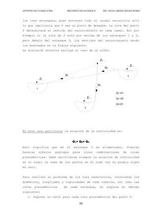 APUNTES DE CLASES (UNS) MECANICA DE FLUIDOS II ING. HUGO AMADO ROJAS RUBIO
36
los tres estanques, pues entonces todo el caudal escurriría allí
lo que implicaría que P sea un punto de desagüe. La cota del punto
P determinará el sentido del escurrimiento en cada ramal. Así por
ejemplo si la cota de P está por encima de los estanques 1 y 2,
pero debajo del estanque 3, los sentidos del escurrimiento serán
los mostrados en la figura siguiente.
La discusión anterior excluye el caso de un sifón.
1
Z1
Q1
Zp >Z1
Zp >Z2
Zp<Z3
2
Z2
Q2
ZP
Q3
3
Z3
En este caso particular la ecuación de la continuidad es:
Q1+ Q2= Q3
Esto significa que en el estanque 3 es alimentador. Podrían
hacerse dibujos análogos para otras combinaciones de cotas
piezométricas. Debe verificarse siempre la ecuación de continuidad
en el nudo: la suma de los gastos en el nudo con su propio signo
es cero.
Para resolver el problema de los tres reservorios, conociendo los
diámetros, longitudes y rugosidades de cada tubería, así como las
cotas piezométricas de cada estanque, se sugiere el método
siguiente:
1. Suponer un valor para cada cota piezométrica del punto P.
 