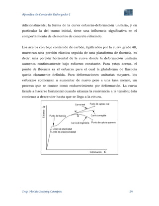 Apuntes de Concreto Reforzado I
Ing. Moisés Suárez Campos. 14
Adicionalmente, la forma de la curva esfuerzo-deformación unitaria, y en
particular la del tramo inicial, tiene una influencia significativa en el
comportamiento de elementos de concreto reforzado.
Los aceros con bajo contenido de carbón, tipificados por la curva grado 40,
muestran una porción elástica seguida de una plataforma de fluencia, es
decir, una porción horizontal de la curva donde la deformación unitaria
aumenta continuamente bajo esfuerzo constante. Para estos aceros, el
punto de fluencia es el esfuerzo para el cual la plataforma de fluencia
queda claramente definida. Para deformaciones unitarias mayores, los
esfuerzos comienzan a aumentar de nuevo pero a una tasa menor, un
proceso que se conoce como endurecimiento por deformación. La curva
tiende a hacerse horizontal cuando alcanza la resistencia a la tensión; ésta
comienza a descender hasta que se llega a la rotura.
 