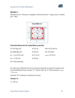 Apuntes de Concreto Reforzado I
Ing. Moisés Suárez Campos. 49
Ejemplo 1
Resistencia de columnas cargadas excéntricamente. Carga axial y flexión
(Pu ^ Mu)
Características de los materiales y sección
f‟c=210 kg/cm2 d=35 cm Mu=10.35 ton*m
fy=2800 Kg/cm2 h=40 cm Pu=45.42ton
As1 = As3=8.55 cm2 d‟=r=5 cm edada= 0.23 mt
As2 = 5.70 cm2 b=40 cm
Ø= 0.65 (estribos)
Se sabe que la Resistencia de la columna depende en primera instancia de
la profundidad del eje neutrón “C”. Dicho valor de “C” debe producir: edada
= ecalculada
Calcular “C” mediante el método de tanteo.
Tanteo #1
C1 =20 cm
 