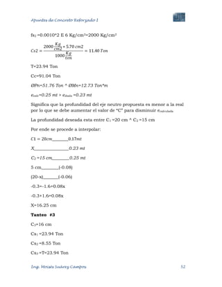 Apuntes de Concreto Reforzado I
Ing. Moisés Suárez Campos. 52
fs2 =0.0010*2 E 6 Kg/cm2=2000 Kg/cm2
T=23.94 Ton
Cc=91.04 Ton
ØPn=51.76 Ton ^ ØMn=12.73 Ton*m
ecalc=0.25 mt > edada =0.23 mt
Significa que la profundidad del eje neutro propuesta es menor a la real
por lo que se debe aumentar el valor de “C” para disminuir ecalculada
La profundidad deseada esta entre C1 =20 cm ^ C2 =15 cm
Por ende se procede a interpolar:
X________________0.23 mt
C2 =15 cm________0.25 mt
5 cm________(-0.08)
(20-x)_______(-0.06)
-0.3=-1.6+0.08x
-0.3+1.6=0.08x
X=16.25 cm
Tanteo #3
C3=16 cm
Cs1 =23.94 Ton
Cs2 =8.55 Ton
Cs3 =T=23.94 Ton
 
